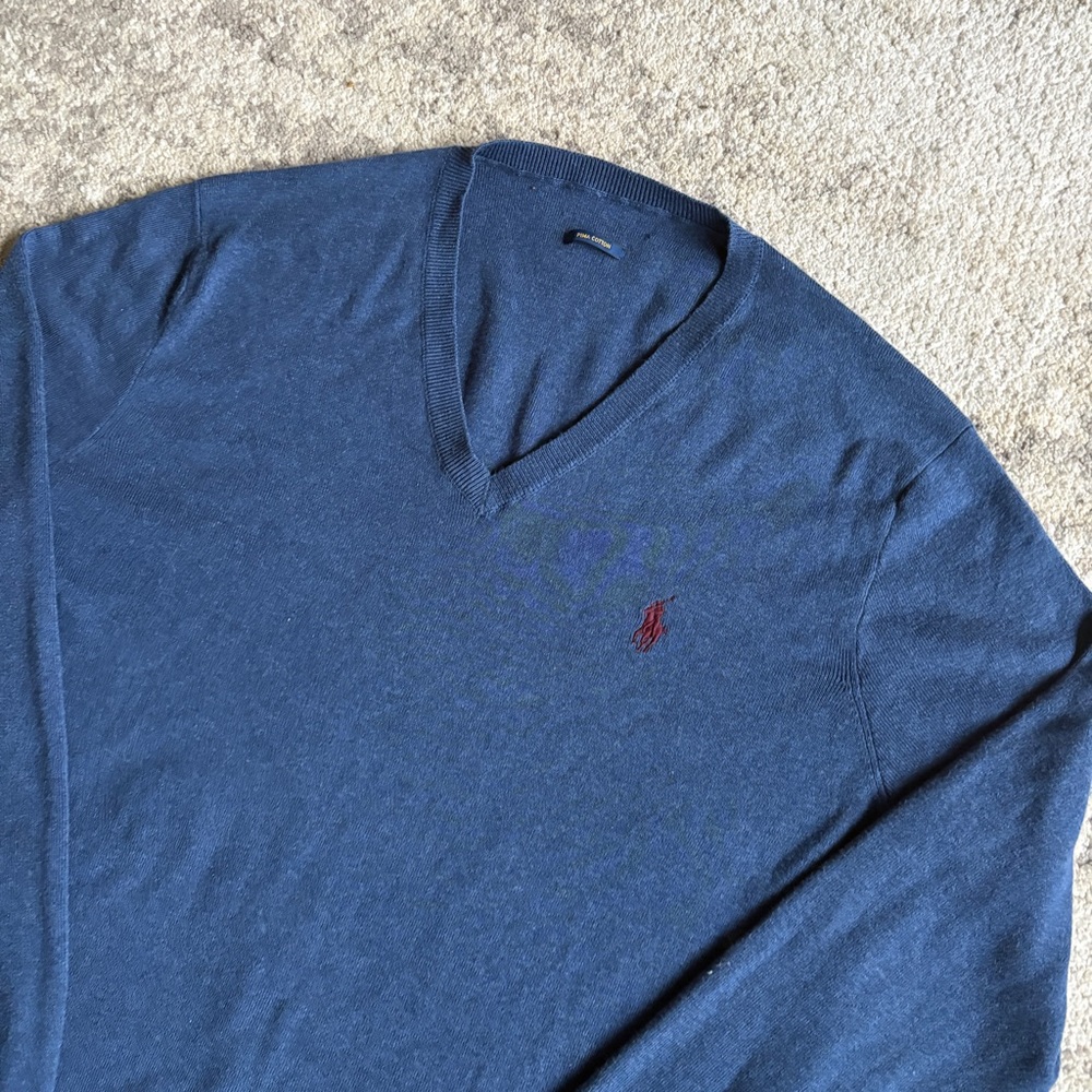 Polo Ralph Lauren Navy Blue Pima Cotton V-Neck Red Pony Sweater Lightweight